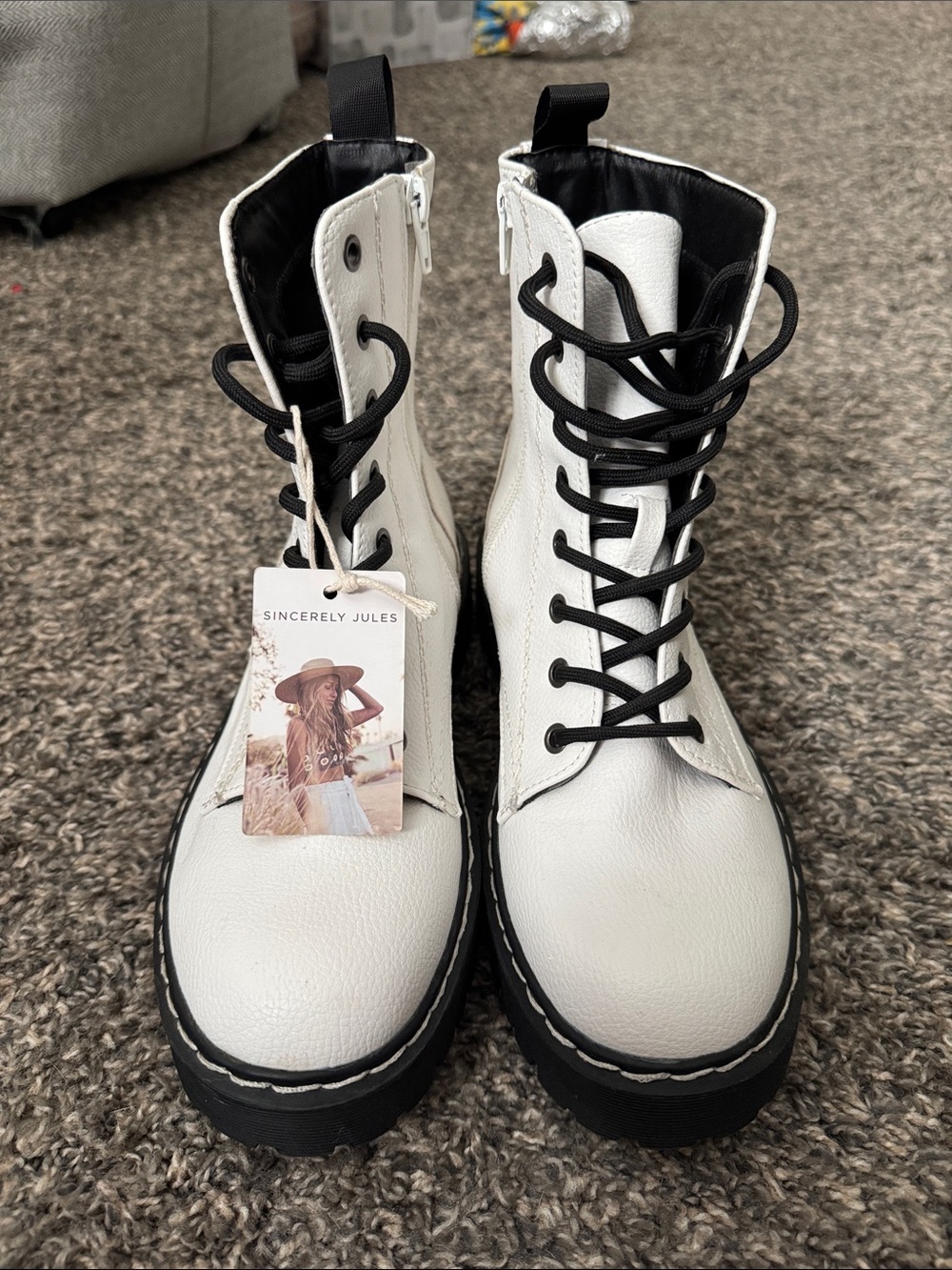 Sincerely Jules White Lace-Up Combat Boots with Black Laces - Picture 1 of 4